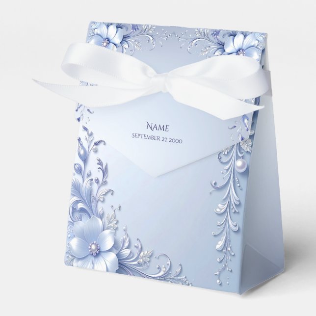 Blue Ornate Flowers with Pearls Favour Box (Front Side)