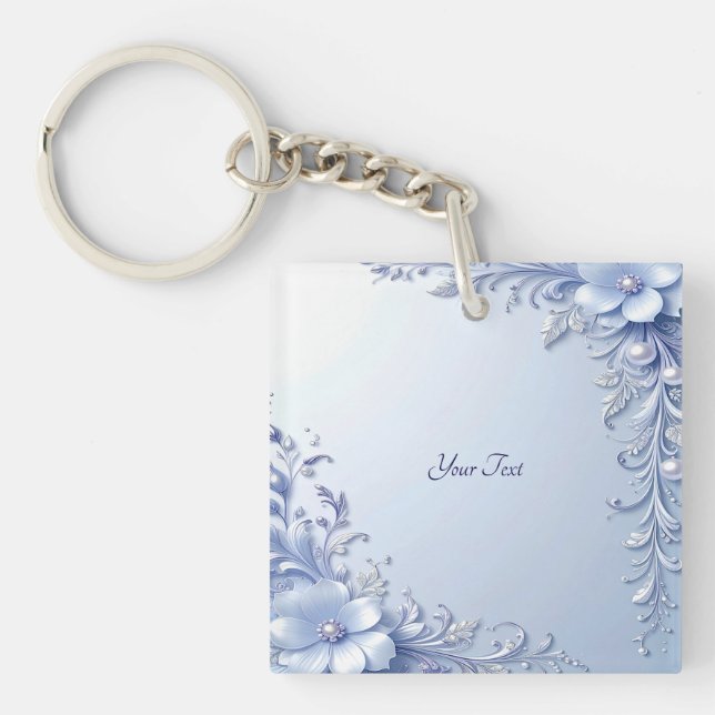 Blue Ornate Flowers with Pearls Keychain (Front)