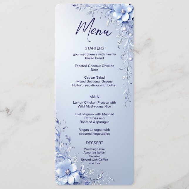 Blue Ornate Flowers with Pearls Menu (Front)