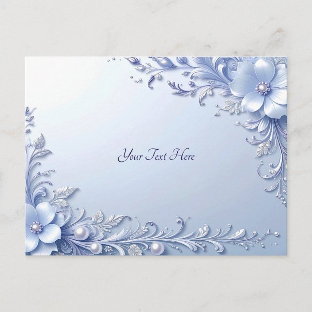 Blue Ornate Flowers with Pearls Postcard (Front)