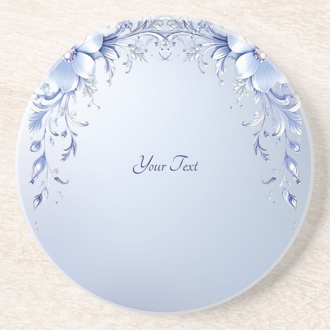 Blue Ornate Flowers with Pearls Sandstone Coaster (Front)