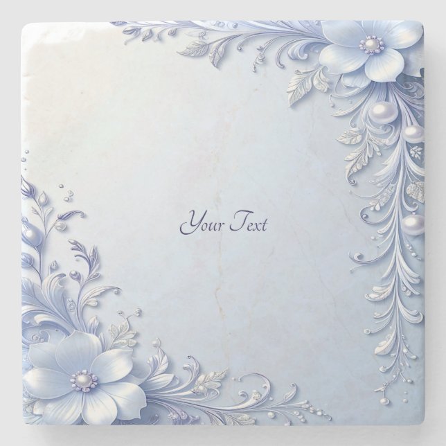 Blue Ornate Flowers with Pearls Stone Coaster (Front)