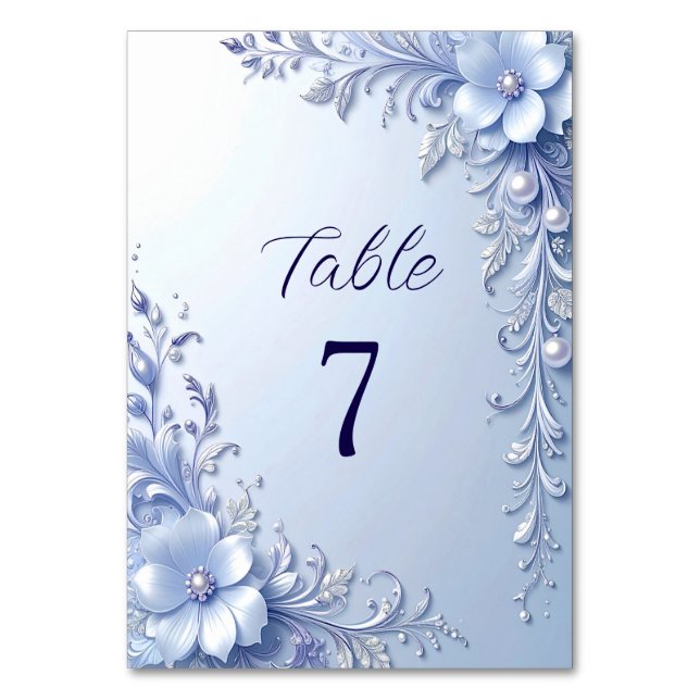 Blue Ornate Flowers with Pearls Table Number (Front)