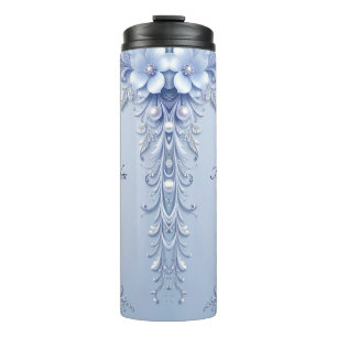 Blue Ornate Flowers with Pearls Thermal Tumbler