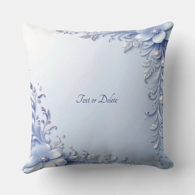 Blue Ornate Flowers with Pearls Throw Pillow (Back)