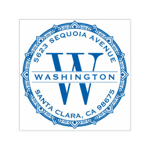 Blue Ornate Monogram Family Name Return Address Self-inking Stamp