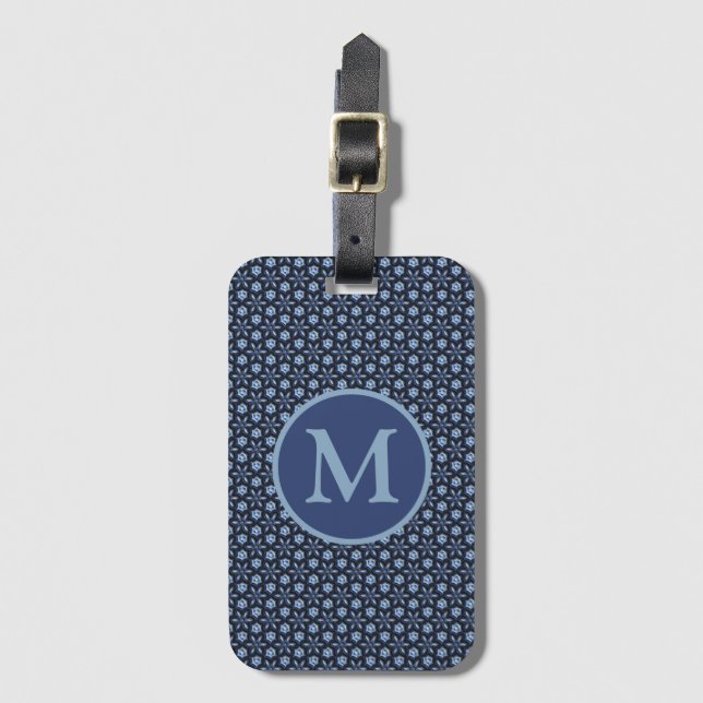 Blue Ornate Pattern Monogram Luggage Tag (Front Vertical)