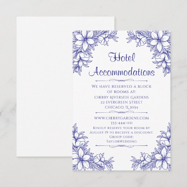 Blue Ornate Wedding Hotel Accommodation Enclosure Card (Front/Back)