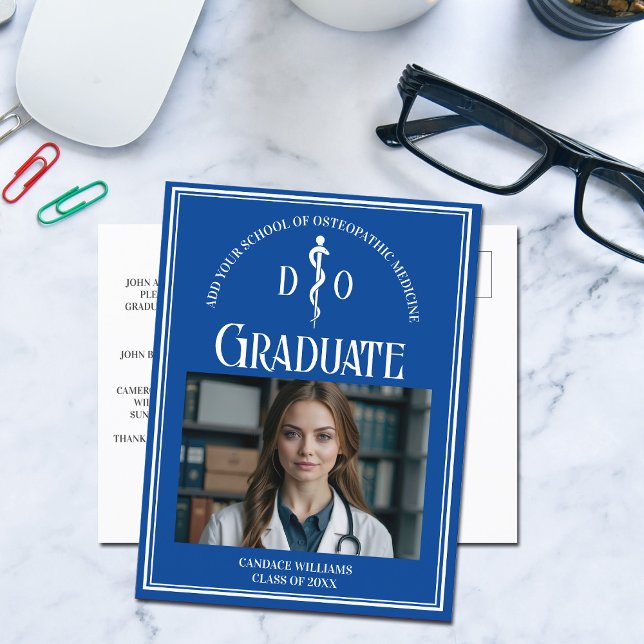 Blue Osteopathic Medical School Graduation Photo Announcement Postcard (Creator Uploaded)