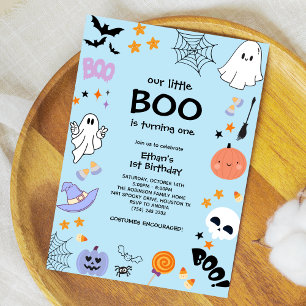 Blue Our Little Boo Halloween 1st Birthday  Invitation
