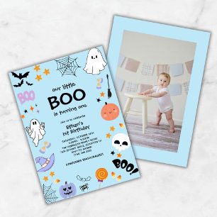 Blue Our Little Boo Photo Halloween 1st Birthday  Invitation