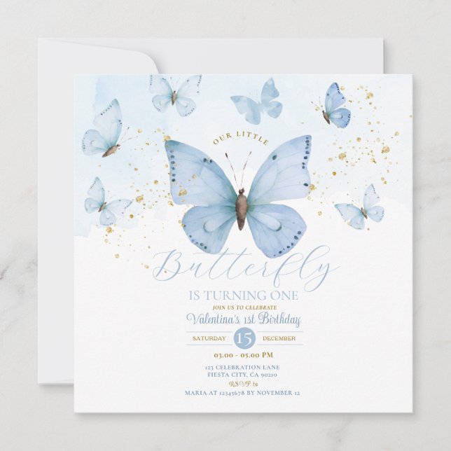 Blue Our Little Butterfly is turning one Gold Invitation (Front)