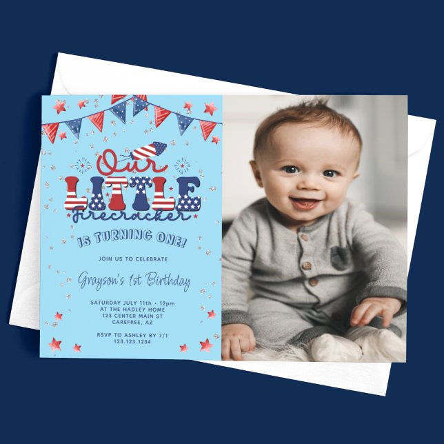 Blue Our Little Firecracker 1st Birthday Photo Invitation (Creator Uploaded)