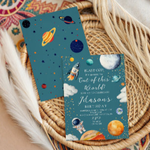 Blue Out of This World Rocket & Astronaut Kids Invitation