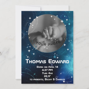 Blue Outer Space and Stars Baby Birth Announcement