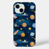 Blue Outer Space Planets Seamless Pattern