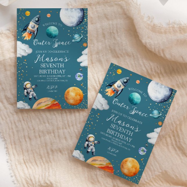 Blue Outer Space Rocket & Astronaut Kids Birthday Invitation (Creator Uploaded)