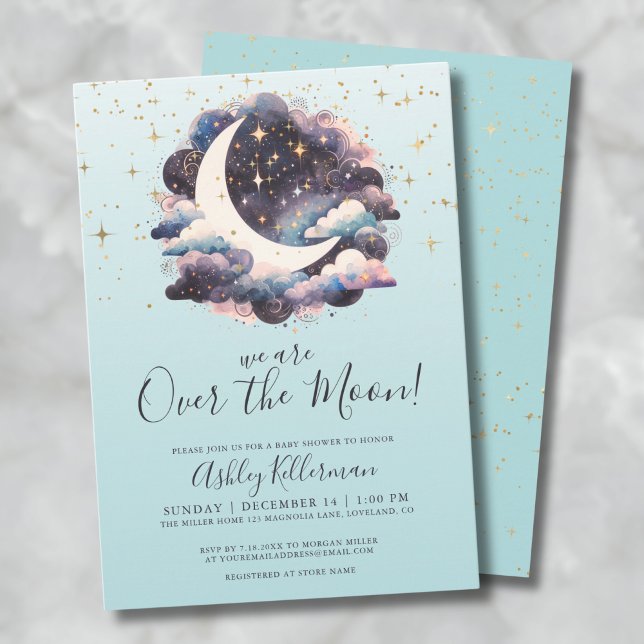 Blue Over The Moon Baby Shower Invitation (Blue Over The Moon Baby Shower Invitation)