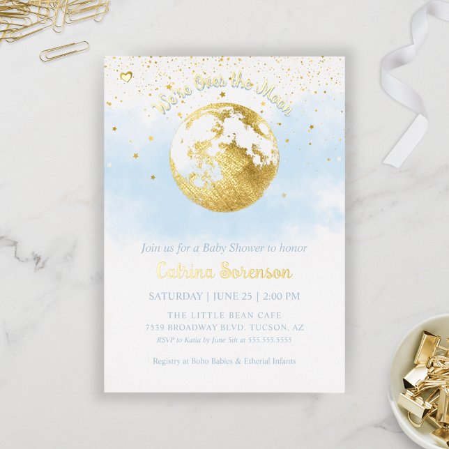 Blue Over the Moon Gold Celestial Boy Baby Shower (Blue and Gold Over the Moon Baby Shower Invitation)