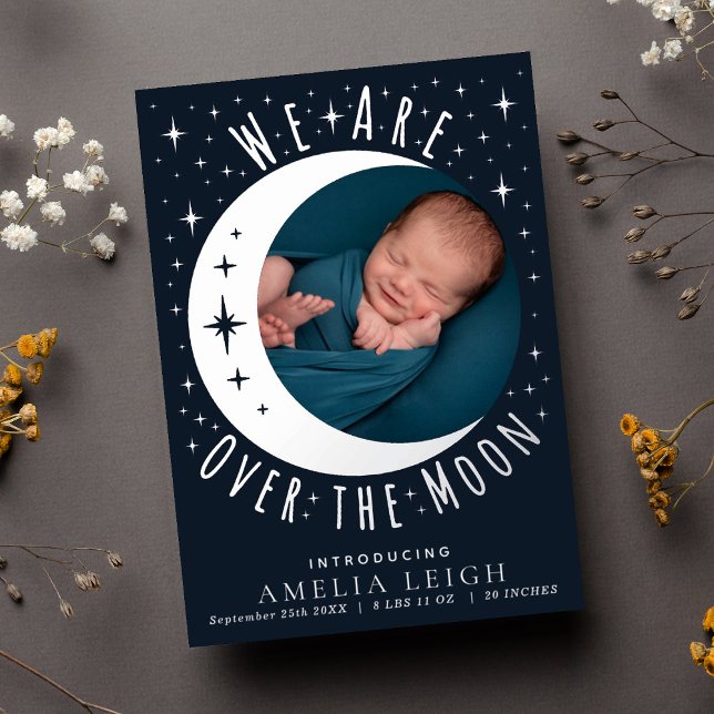 Blue Over the Moon Photo Birth Announcement Card (Creator Uploaded)