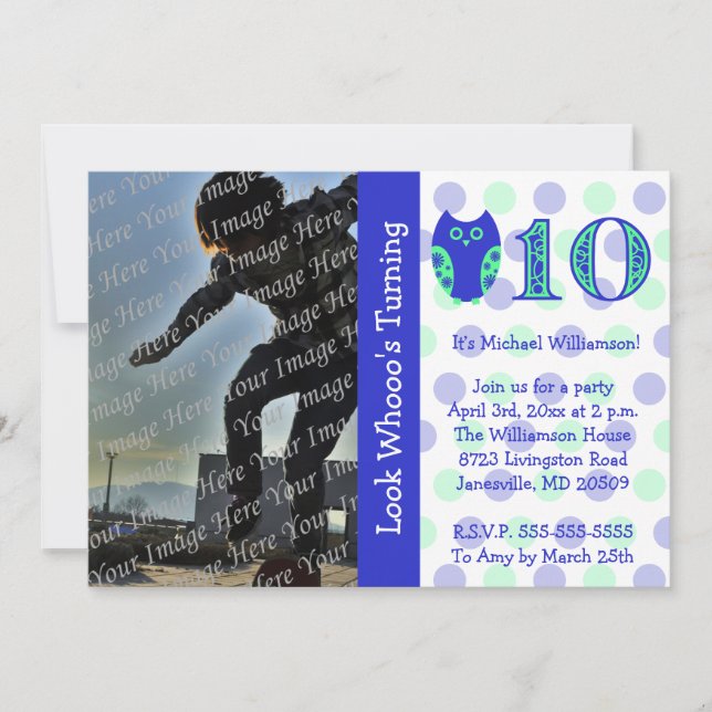 Blue Owl 10th Birthday Party Photo Invitations (Front)