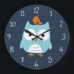 Blue Owl and Cute Orange Bird Large Clock<br><div class="desc">Wide eyed owl with a little orange bird on his head. A fun clock for kids or anyone who enjoys quirky animal art. This funny owl clock makes an cute gift! An Original Illustration ©Jenn Inashvili.</div>