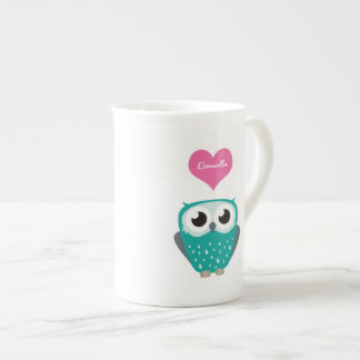 Blue Owl and Love Heart Personalizable Name Bone China Mug