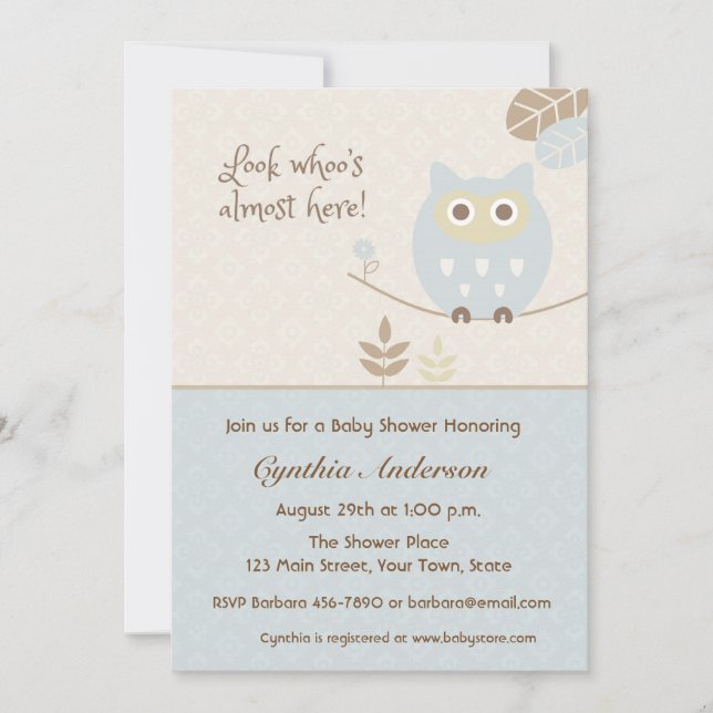 Blue Owl, Baby Shower for Boy Invitation (Front)