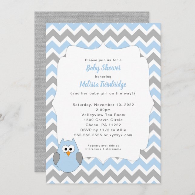 Blue Owl Baby Shower Invitation, boy baby sprinkle Invitation (Front/Back)