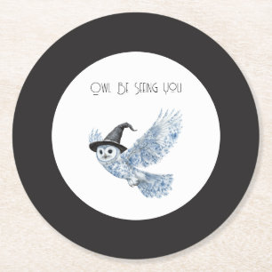 Blue Owl Be Seeing You Black White Halloween Round Paper Coaster
