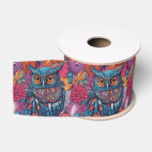 Blue Owl Bird Art Grosgrain Ribbon