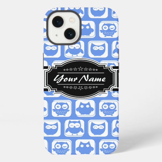 Blue Owl Black Personalised Name iPhone Case (Back)