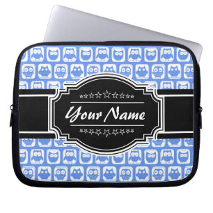 Blue Owl Black Personalised Name Laptop Sleeve