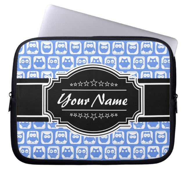 Blue Owl Black Personalised Name Laptop Sleeve (Front)