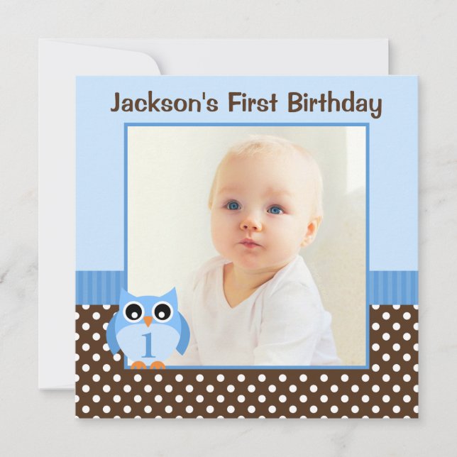 Blue Owl Brown Polka Dots 1st Birthday Boy Photo Invitation (Front)