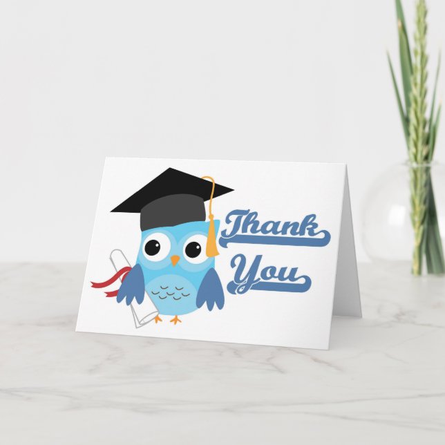 Blue Owl Cap & Diploma Graduation Thank You Card (Front)