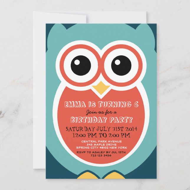 Blue Owl Cartoon Birthday Invitation Card for Boys (Front)
