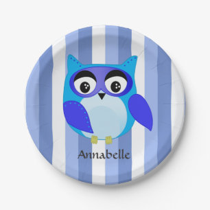 Blue owl children cartoon Illustration Paper Plate