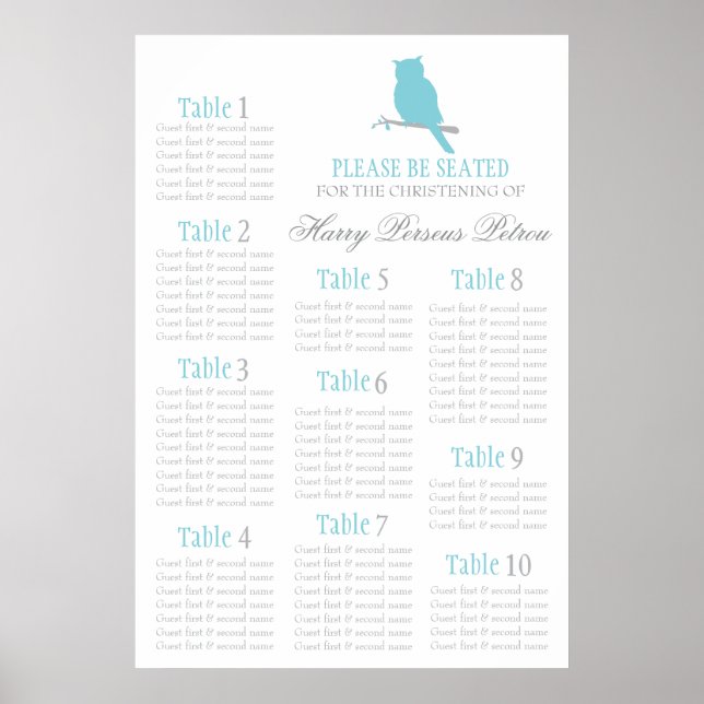 Blue owl Christening seating table plan 1-10 Poster (Front)