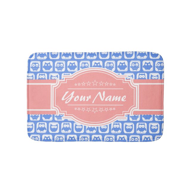 Blue Owl Coral Personalised Name Bath Mat (Front)