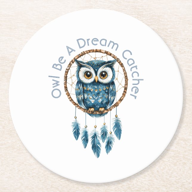 Blue Owl Dream Catcher Round Paper Coaster (Front)