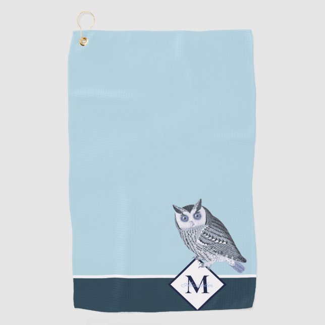 Blue Owl Grey Monogram name Bath  Golf Towel (Front)
