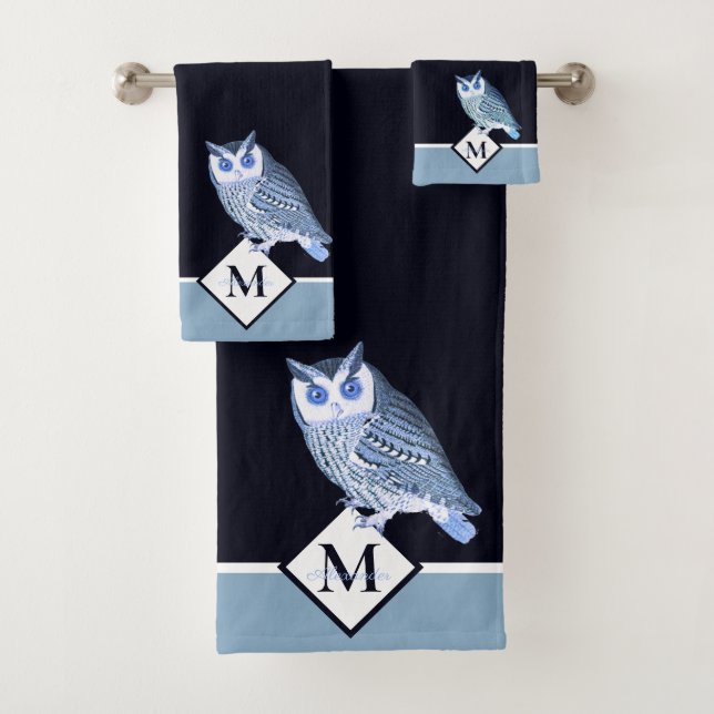 Blue Owl Grey Monogram name Bath Towel Set (Insitu)