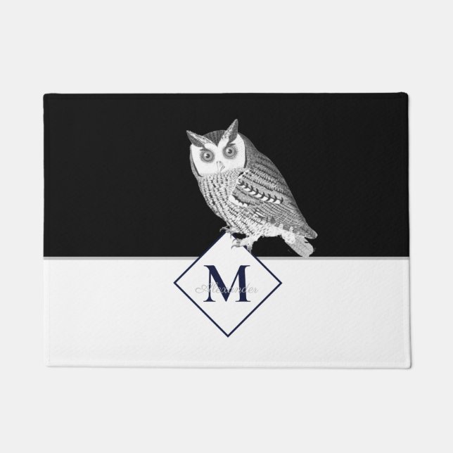 Blue Owl Grey Monogram name Doormat (Front)