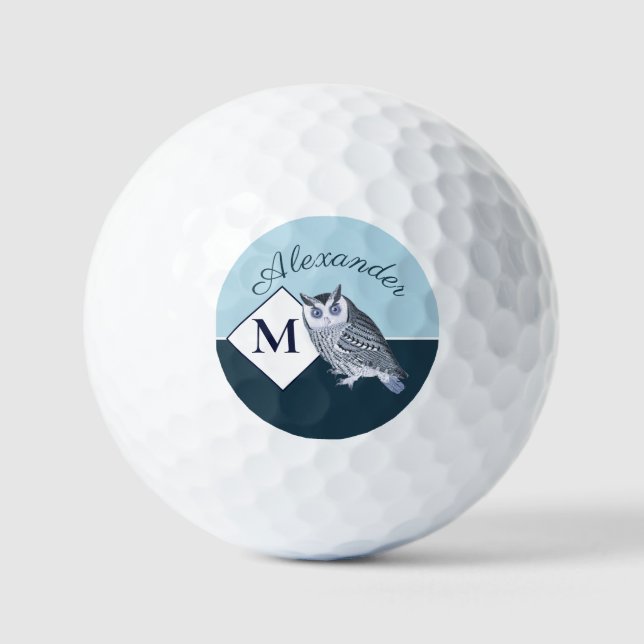 Blue Owl Grey Monogram name Golf Balls (Front)