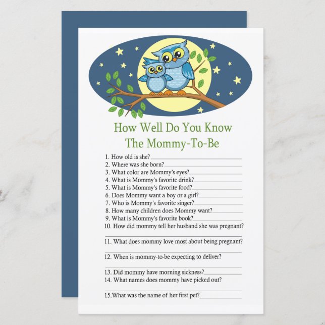 Blue Owl How well do you know baby shower game (Front/Back)