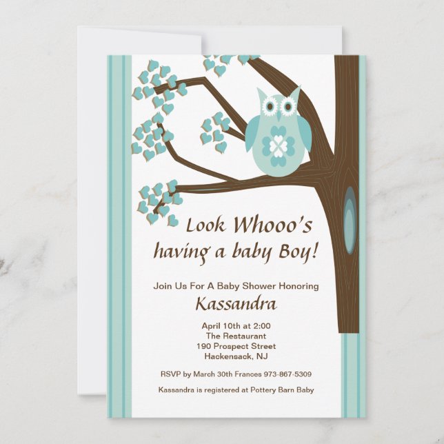 Blue Owl In A Tree Baby Boy Shower Invitation (Front)