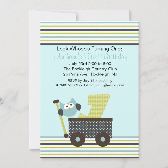 Blue Owl In A Wagon 1st Birthday Invitation (Front)