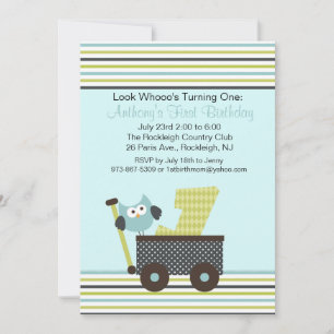Blue Owl In A Wagon 1st Birthday Invitation