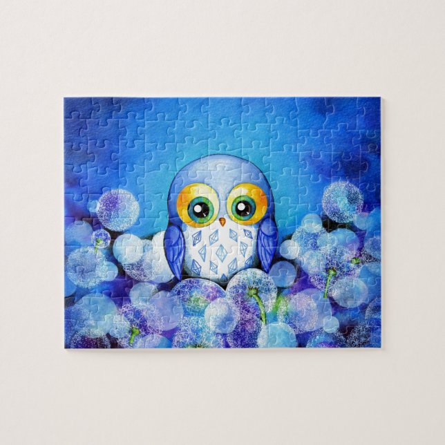 Blue Owl in Dandelion Field Jigsaw Puzzle (Horizontal)